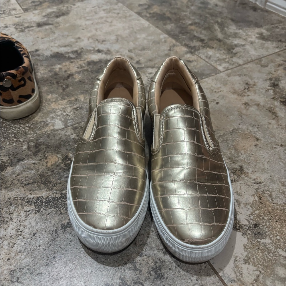 Gold Crocodile Pattern Slip-On Sneakers